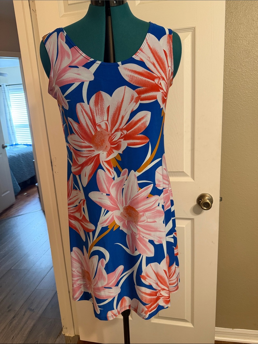 Sleeveless Blue Floral Mini Dress with Pink & Orange Blooms